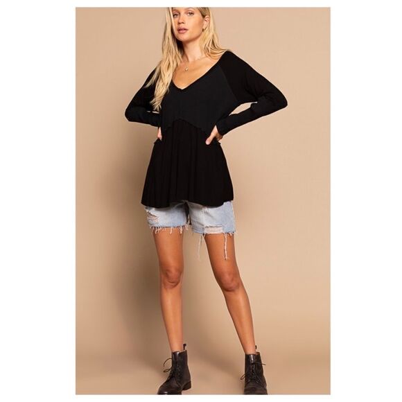 LIGHT wash long sleeve top w/ rib Detail - Picture 1 of 15